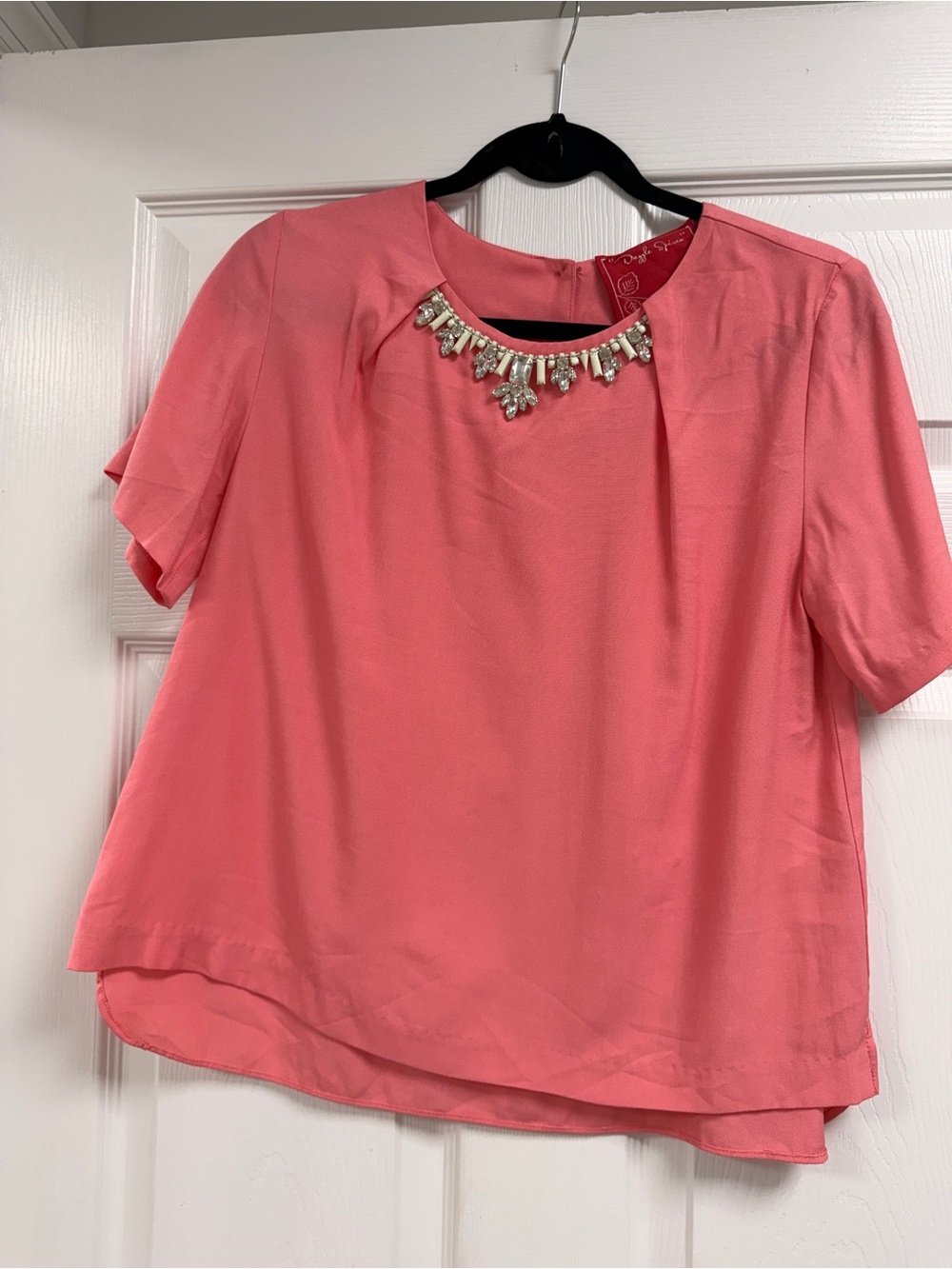 Jeweled Coral Short-Sleeve Blouse